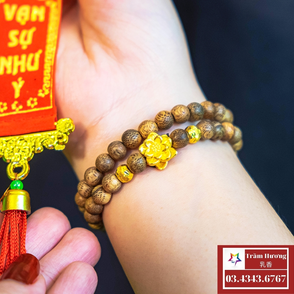 Vòng trầm hương chuỗi hạt mix hoa sen mạ vàng mùi thơm tự nhiên, nam nữ đeo, mang lại bình an may mắn, gieo duyên cho gia chủ, ỡ hạt 6/7/8mm