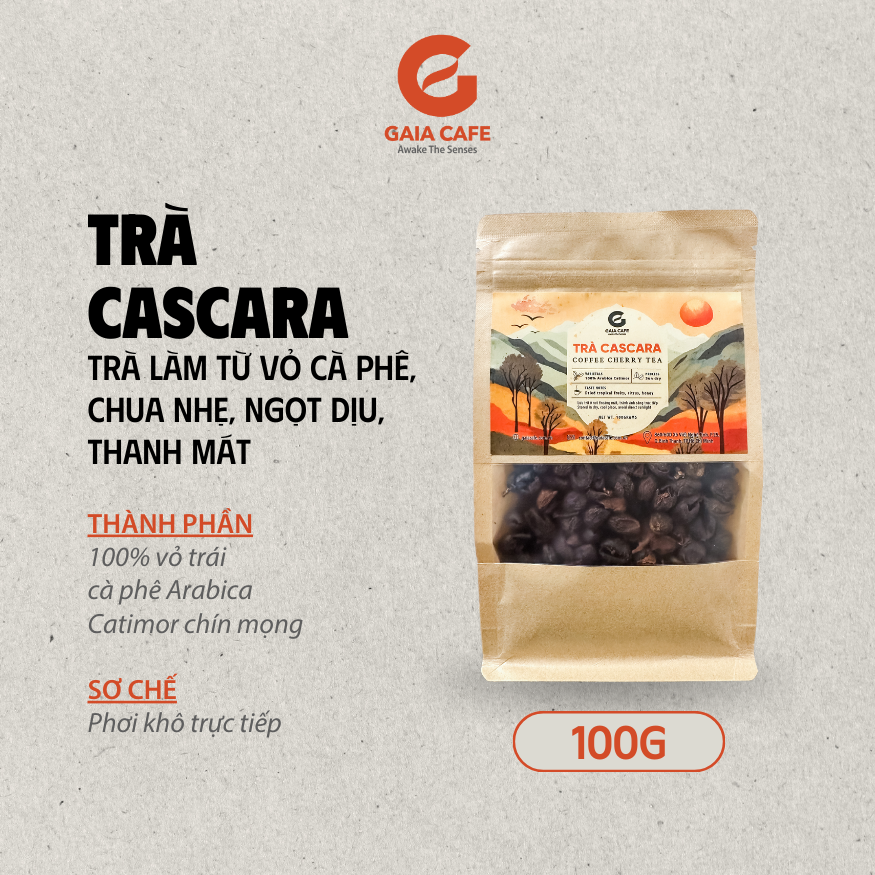 Trà vỏ trái cà phê CASCARA Gaia Cafe | Chua nhẹ, thanh mát, hậu ngọt dịu | Trà từ 100% vỏ trái cà phê tươi Arabica Catimor Cầu Đất