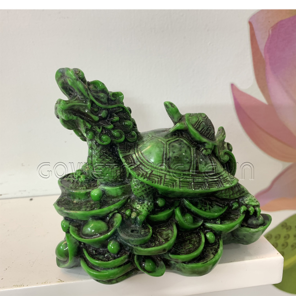 [HCM]Tượng đá long quy cõng rùa con - Rùa đầu rồng - trang trí phong thủy để bàn - Chiều Cao 10cm - Màu Xanh Lục Bích
