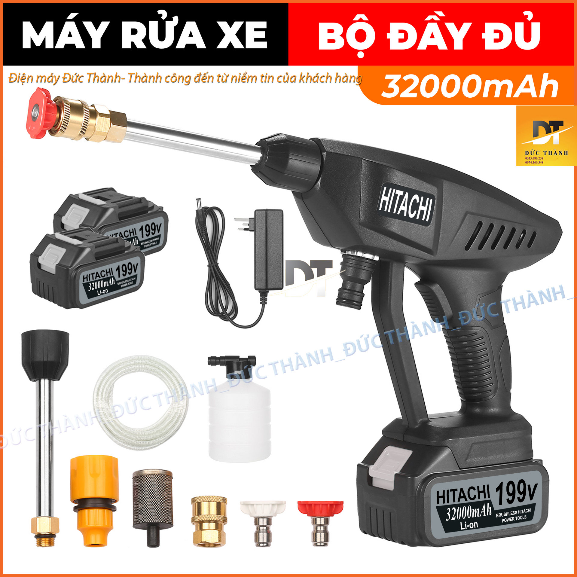 Máy rửa xe pin hitachi 199v, rửa xe-phun cây cảnh, xịt rửa điều hòa tiện lợi