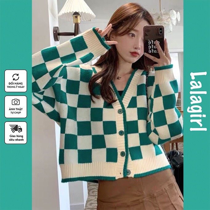 Áo khoác cardigan len nữ croptop dài tay kiểu hàn họa tiết kẻ caro phối màu đẹp