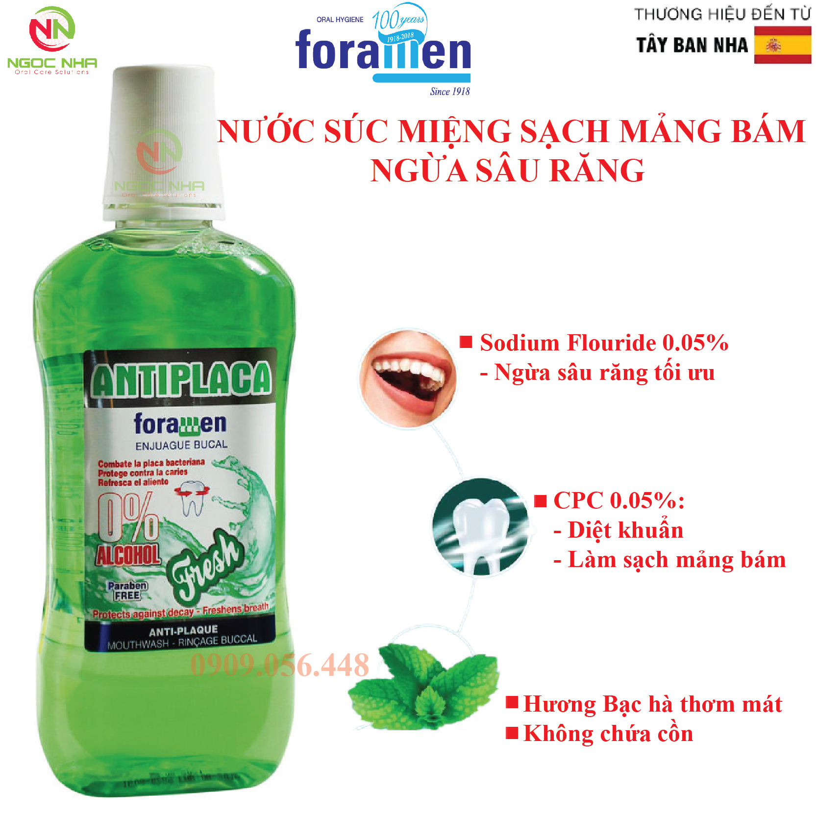 Nước súc miệng sát khuẩn làm sạch mảng bám ngừa sâu răng Foramen Antipalaca 500ml/ Tây Ban Nha