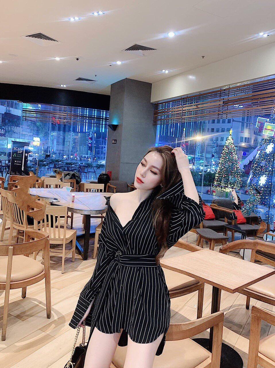 ÁO SƠ MI SỌC NHŨ FORM DÀI GIẤU QUẦN HÀNG QUẢNG CHÂU CAO CẤP