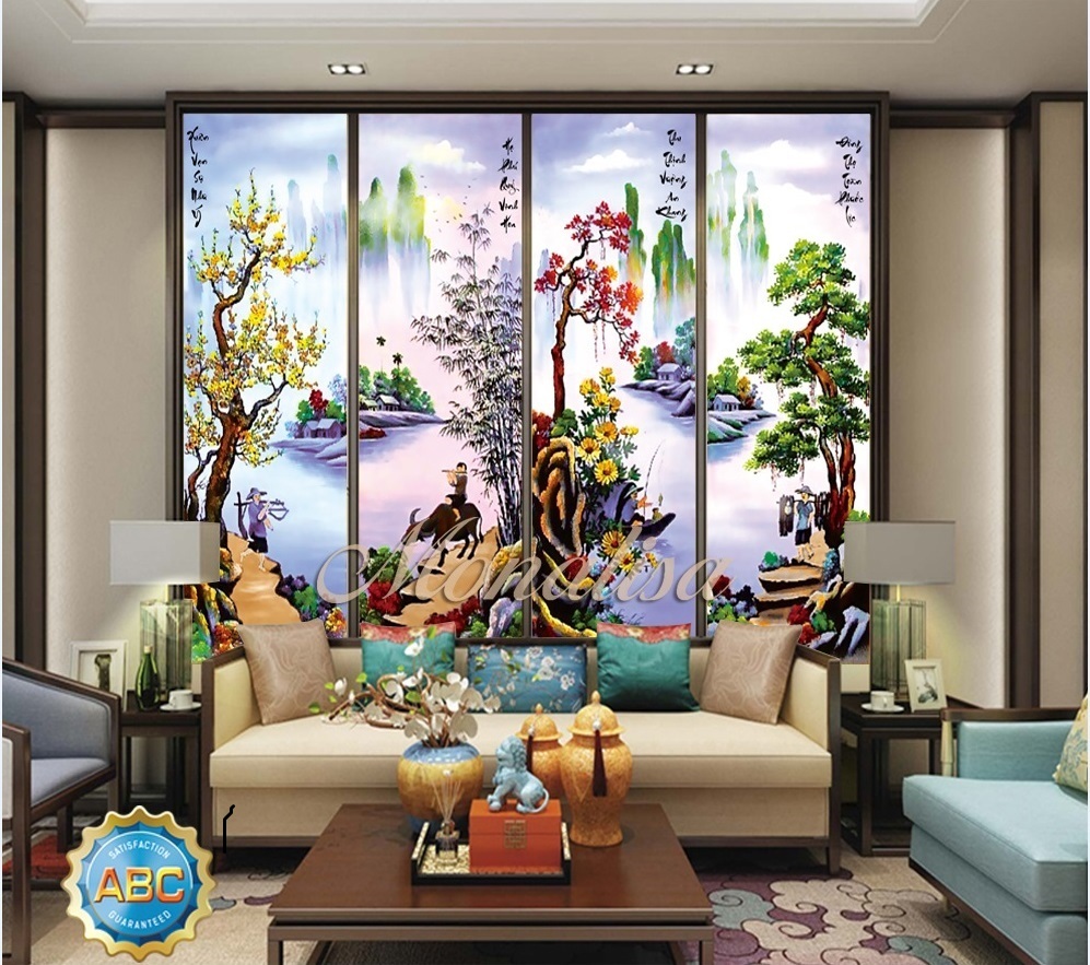 Tranh thêu-tranh đính đá tứ quí 146x1m