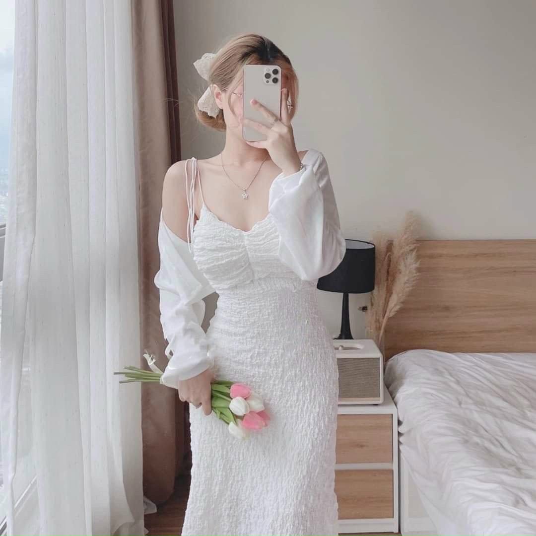Đầm xốp 2 dây + áo khoác
