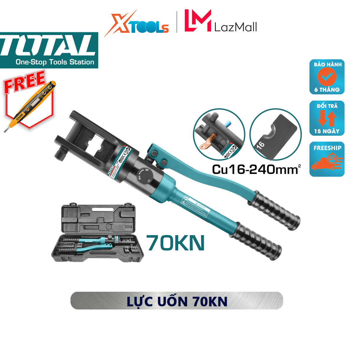 Kìm ép cos thủy lực TOTAL THCT0240 | kềm thủy lực Phạm vi uốn: ống đồng 16-240mm², Lực uốn 70KN, Kích thước uốn 18mm, Chiều dài khoảng 475mm ép chặt đầu cos với dây điện, dây cáp chắc chắn, an toàn [XTOOLs MALL]