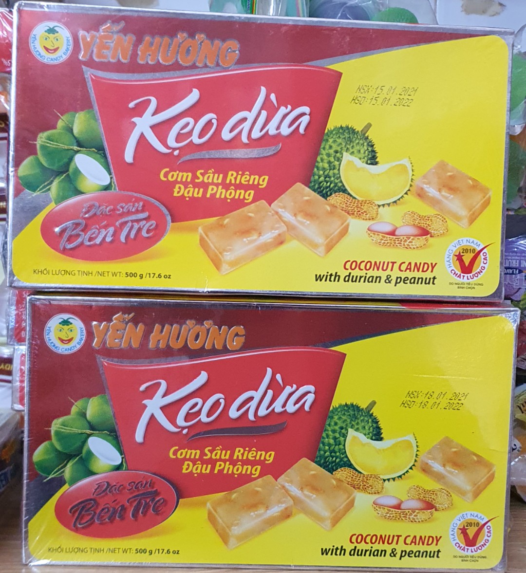 kẹo dừa cơm sầu riêng đậu phộng 500g date mới