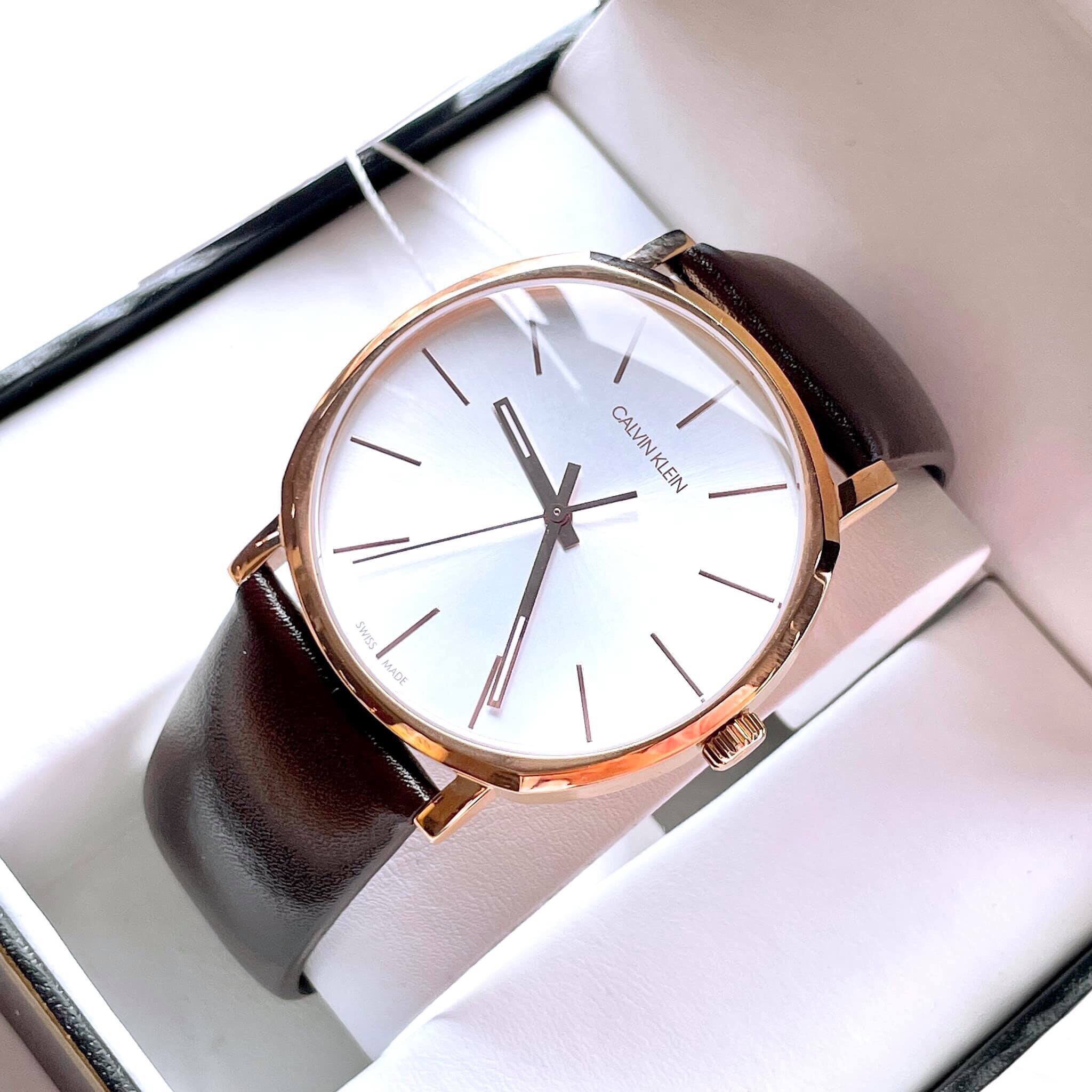 Đồng hồ Nam chính hãng Calvin Klein Quartz K8Q316G6 Size 40,Mặt trắng,Viền vàng hồng-Máy Pin-Dây da nâu cao cấp