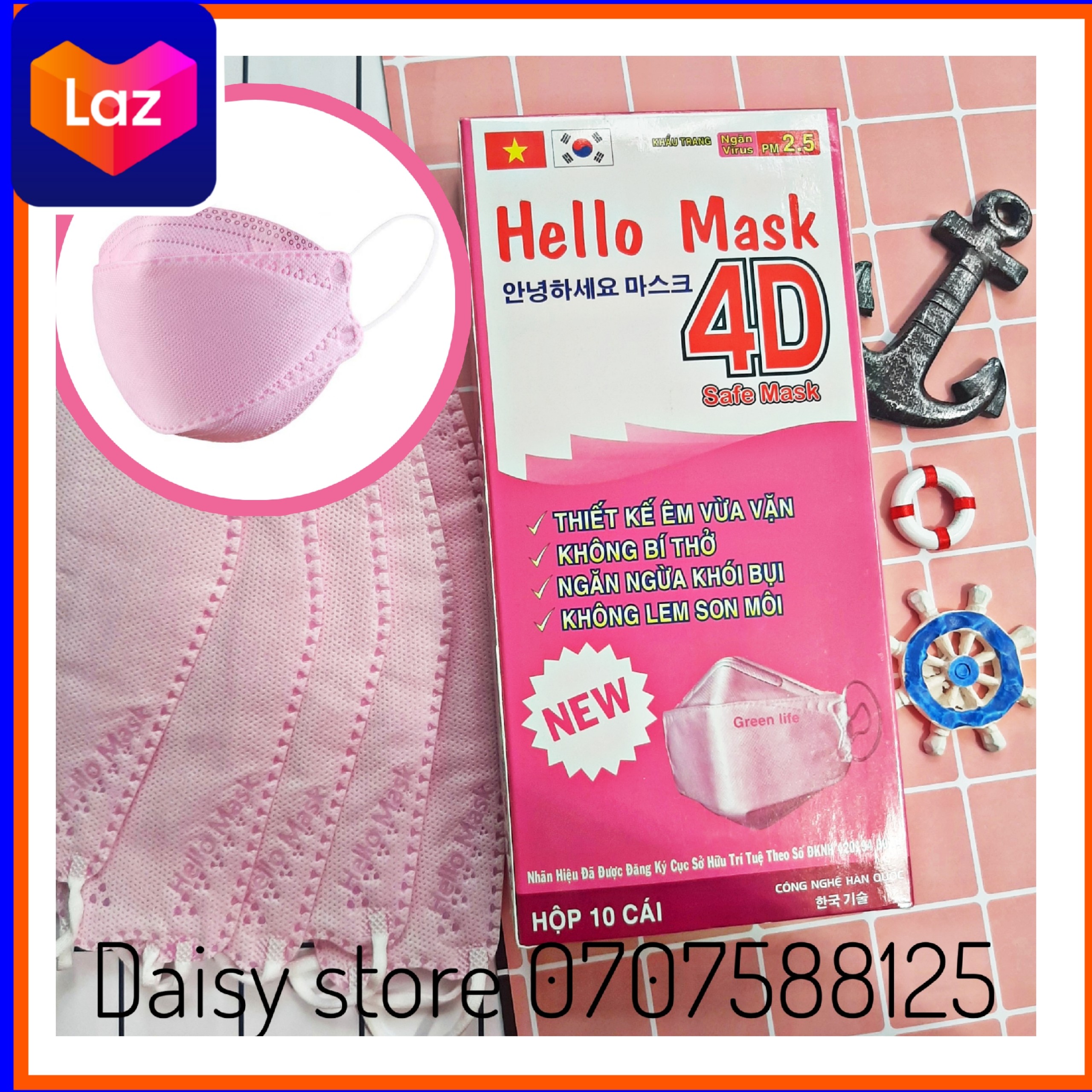 ( MÀU HỒNG 1 hộp 10 cái )Khẩu trang 4D Hello Mask đạt chuẩn Hàn quốc /pink  full box/ 10 pcs 4D mask Korea /마스크 4D