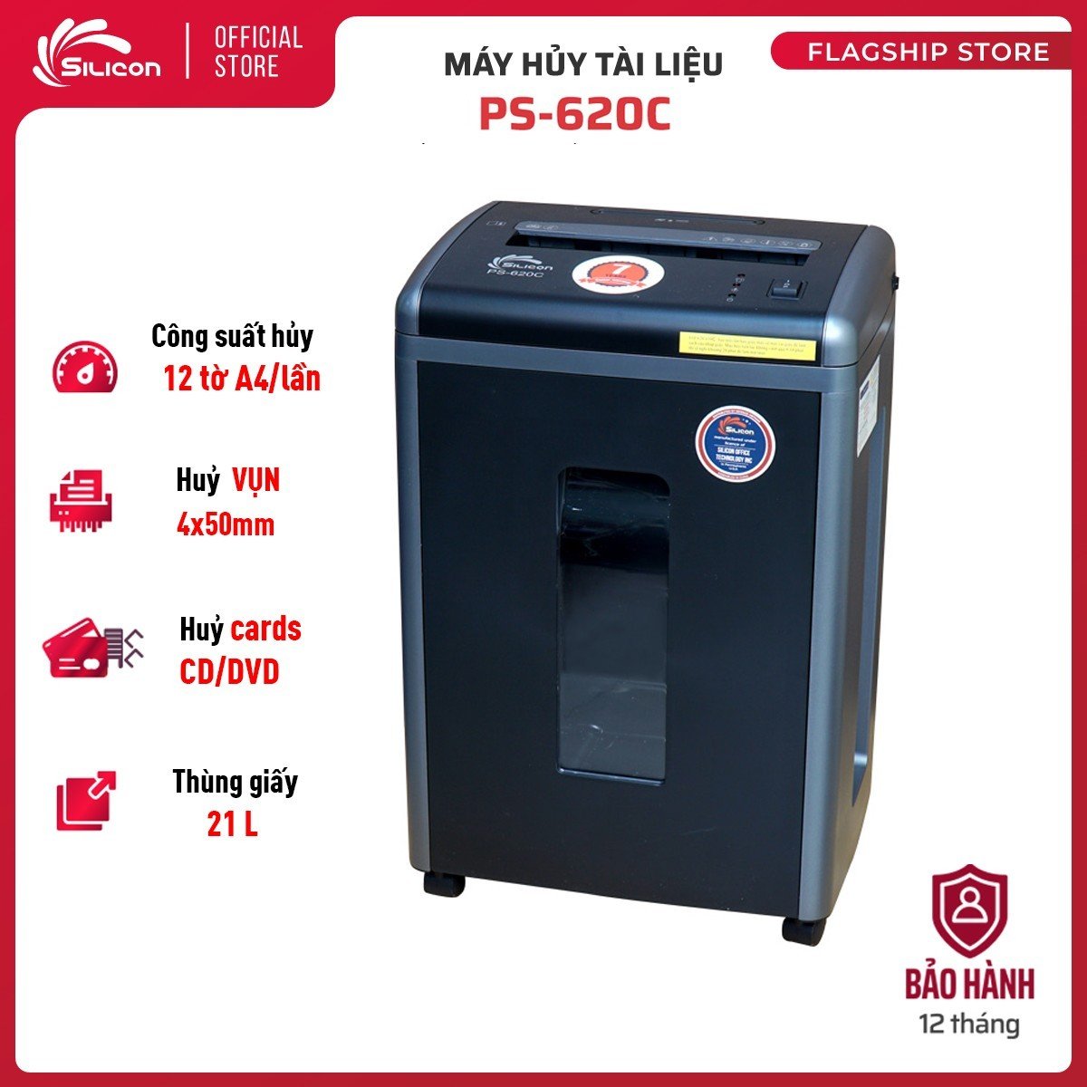 Máy hủy giấy silicon ps-620c, kiểu hủy vụn 12 tờ/ lần, huỷ đinh kẹp, cards, cd/ dvd, thùng giấy 21l
