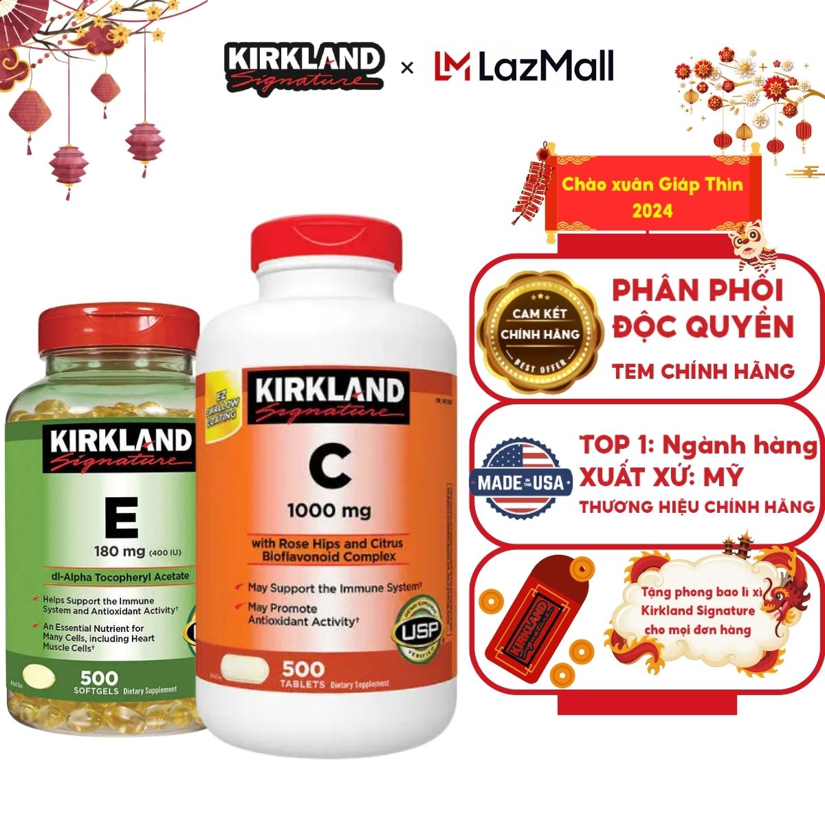Combo vitamin c 1000mg kirkland hộp 500 viên và vitamin e 400 iu 500 viên kirkland