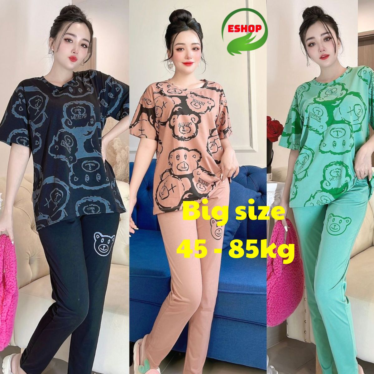 Đồ bộ nữ  bigsize thun cotton quần dài gấu in cao cấp giá rẻ mặc mùa hè  thoáng mát ESHOP Đồ bộ đồ mặc nhà kiểu dáng trung niên đẽ thương đẹp cá tính DB17