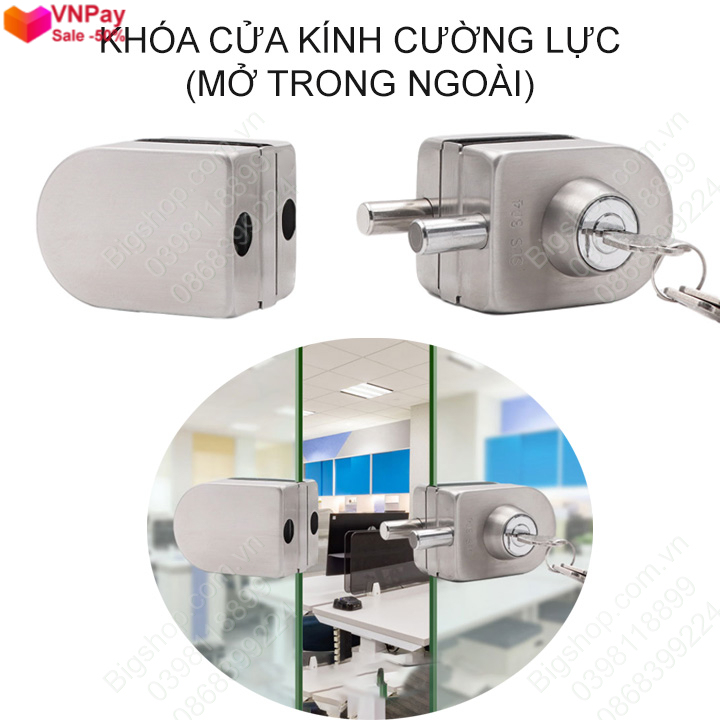 [Sẵn hàng] Khóa cửa kính cường lực không khung bằng inox 304, khóa cả trong và ngoài -VNPay Hà Nội