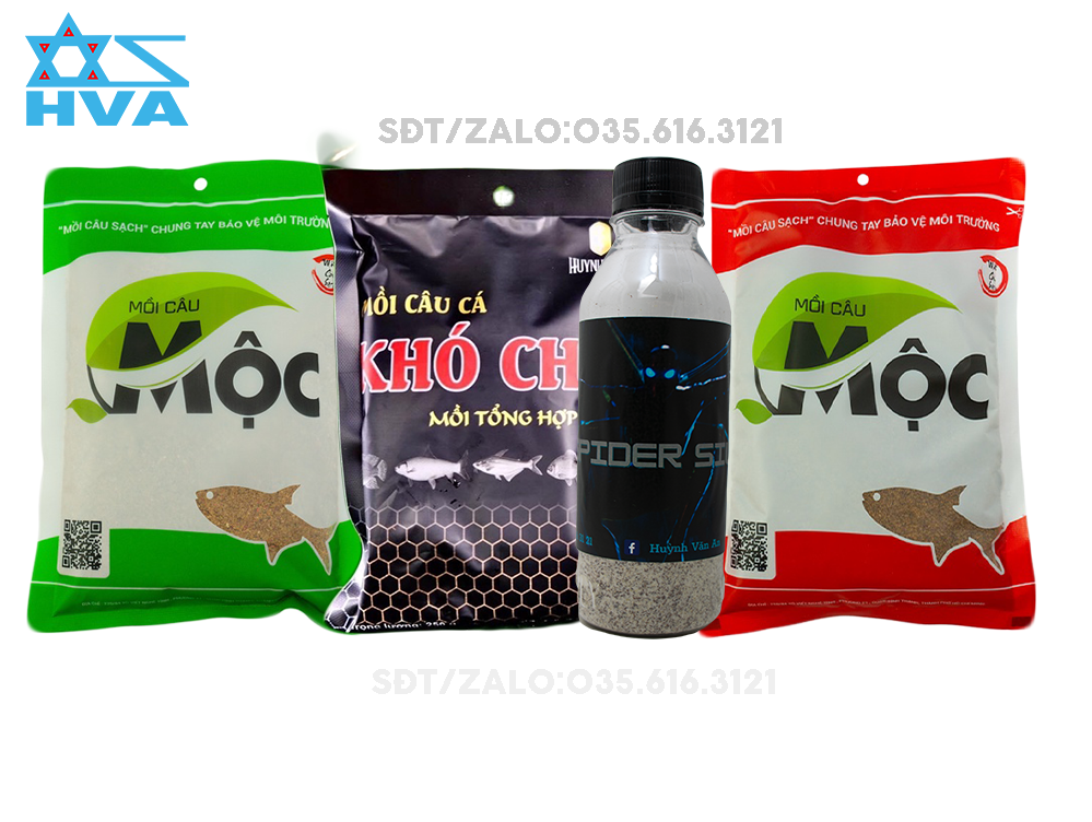 Combo 4món mồi câu cá:1 bột tơ nhện , 1cám khó chịu và 1cám mộc xanh và 1 mộc đỏ