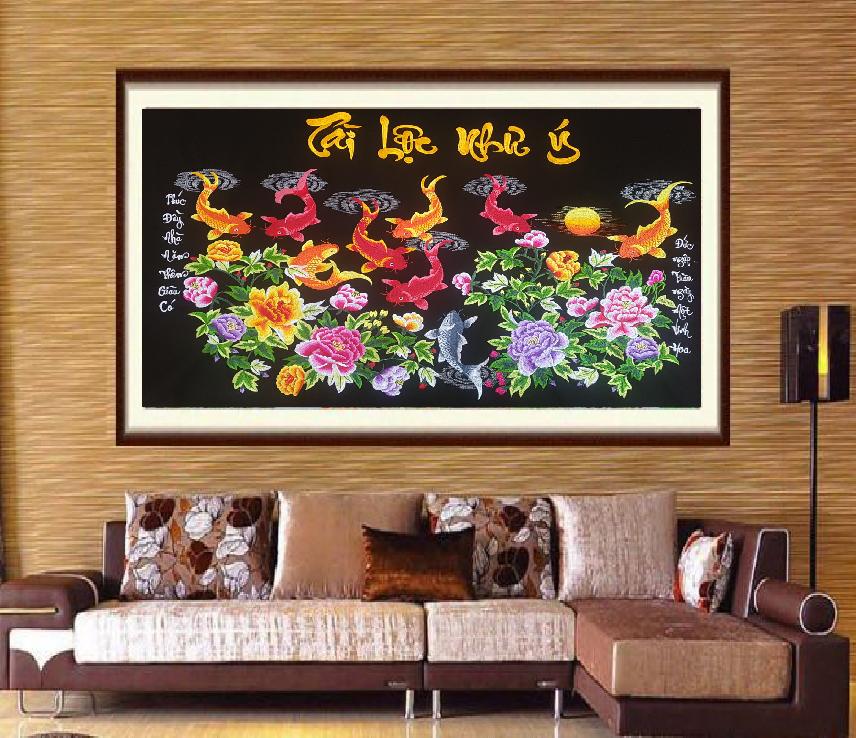 [ Tranh treo tường] Tranh thêu vi tính thành phẩm cửu ngư quần hội treo phòng khách KT 60X90