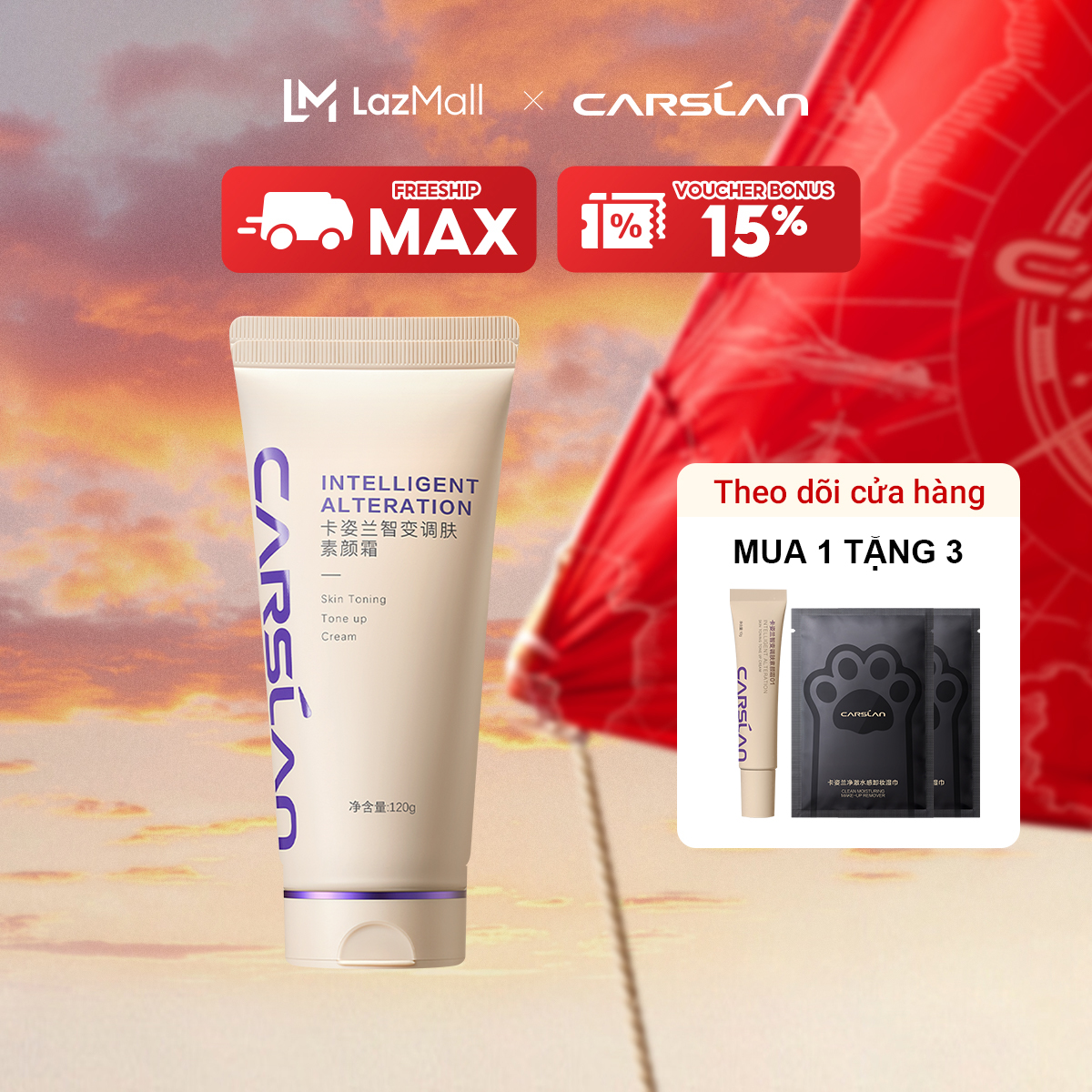 Kem nâng tông da Carslan Cream Tone Up kem lười trang điểm Không xuống tông suốt 8 giờ Trắng sáng không trắng giả120g