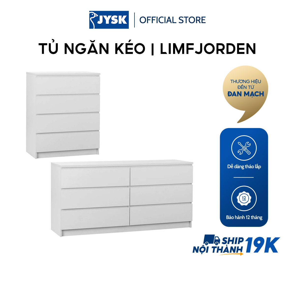 Tủ ngăn kéo JYSK Limfjorden gỗ công nghiệp trắng 2 kích thước