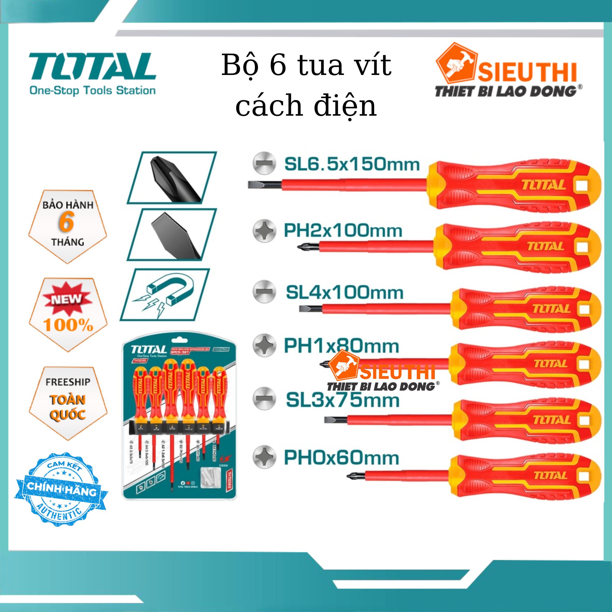 Bộ 6 tua vít cách điện total thtis566 bộ tuốc nơ vít cách điện 1000v chất liệu hợp kim cứng cáp, chịu lực cao