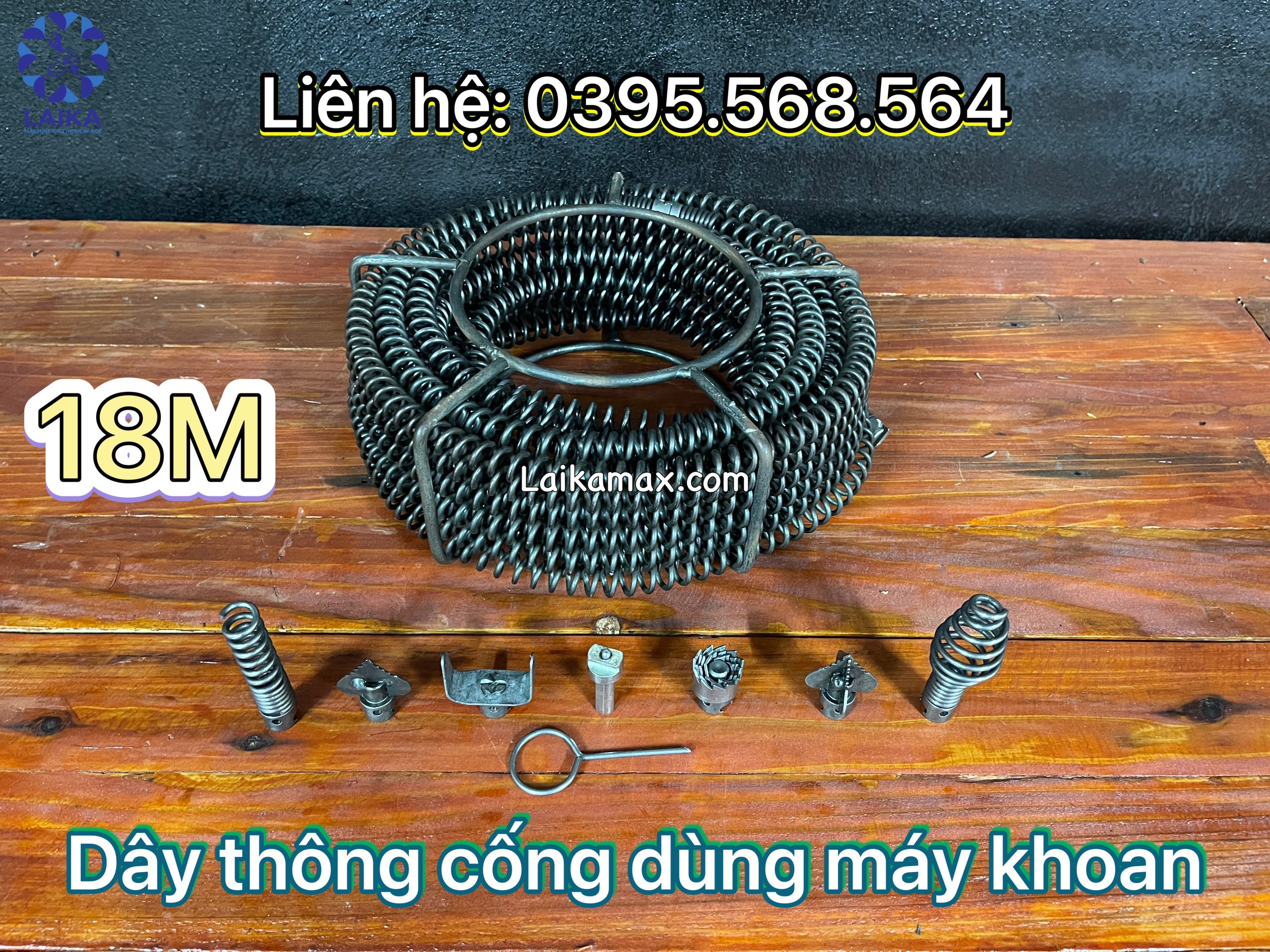 Dây thông tắc cống lò xo dùng máy khoan dài 18m + 6 đầu thông + kết nối máy khoan