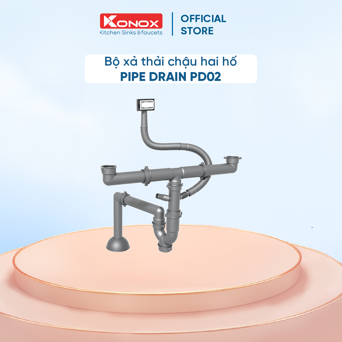 Siphon chậu rửa bát 2 hố Konox - Pipe Drain PD02 - Nhựa PVC cao cấp - Thiết kế độc quyền - 1.5 inch - Bảo hành chính hãng 36 tháng - Hàng chính hãng