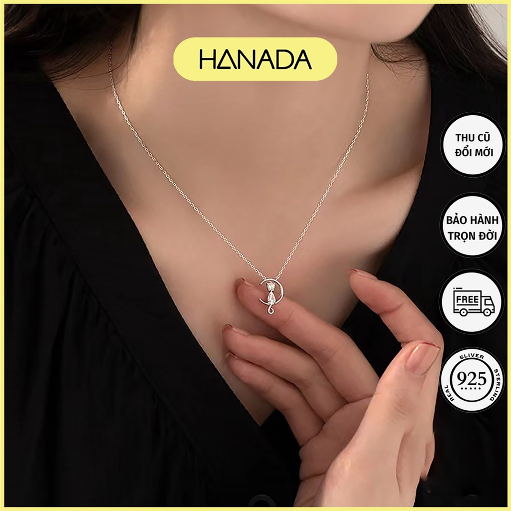 Dây Chuyền Bạc 925 Hanada Vòng Cổ Nữ Măt Trăng Mèo Đính Đá Đơn Giản 1001