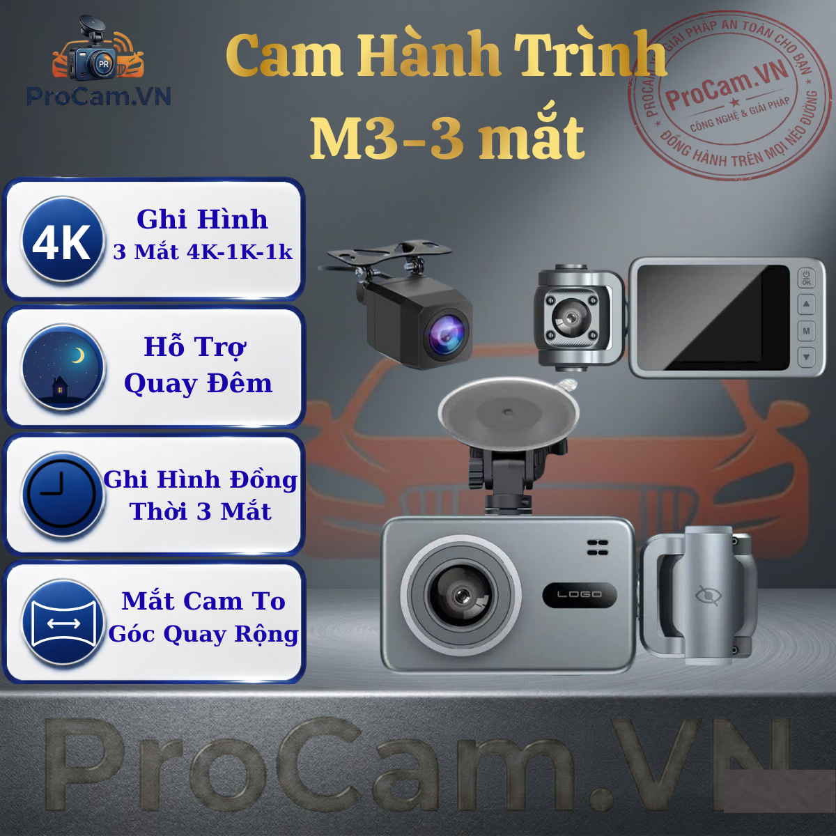 Camera Hành Trình Ô Tô M3 Ghi Hình 3 Mắt Đồng Thời Chuẩn 4K, Quay Đêm Sắc Nét, Ống Kính Lớn Góc Siêu Rộng