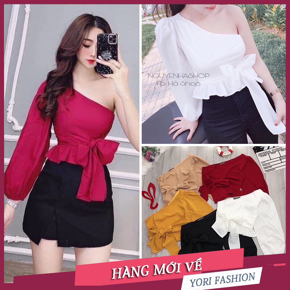 Áo Lệch Vai Thắt Nơ Eo, Áo Sơ Mi Lệch Vai 1 Tay Bo Eo Cá Tính LV22