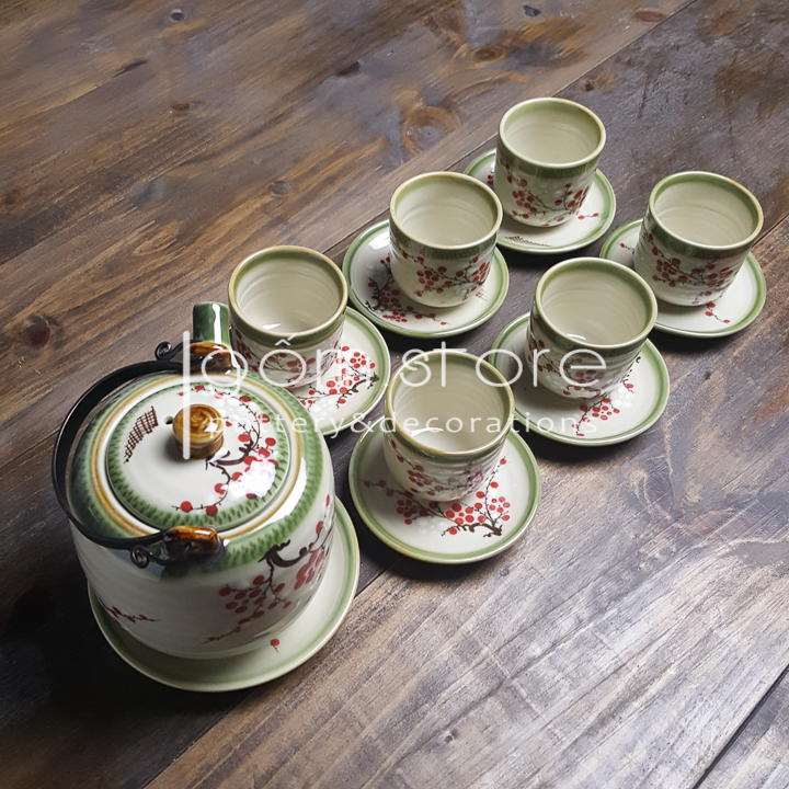 Ấm trà Bát Tràng dáng vại quai nhôm nhiều cách vẽ (Bộ ấm chén trên không kèm khay)