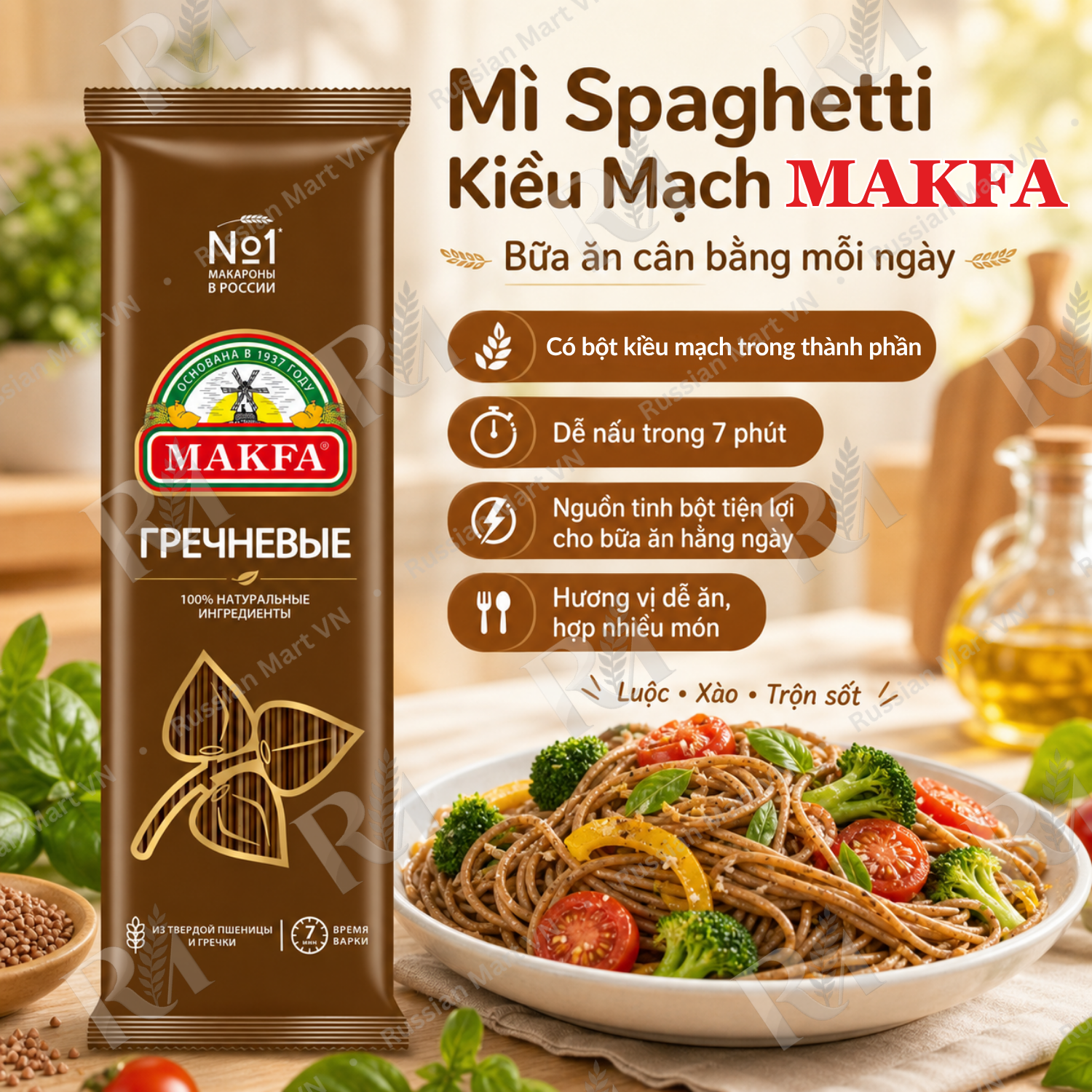 Mì Spaghetti Kiều Mạch Makfa Premium 500G - Pasta Kiều Mạch Làm Từ Lúa Mì Cứng Và Bột Kiều Mạch, Luộc Nhanh 7 Phút, Không GMO, Nhập Khẩu Chính Ngạch Từ Nga