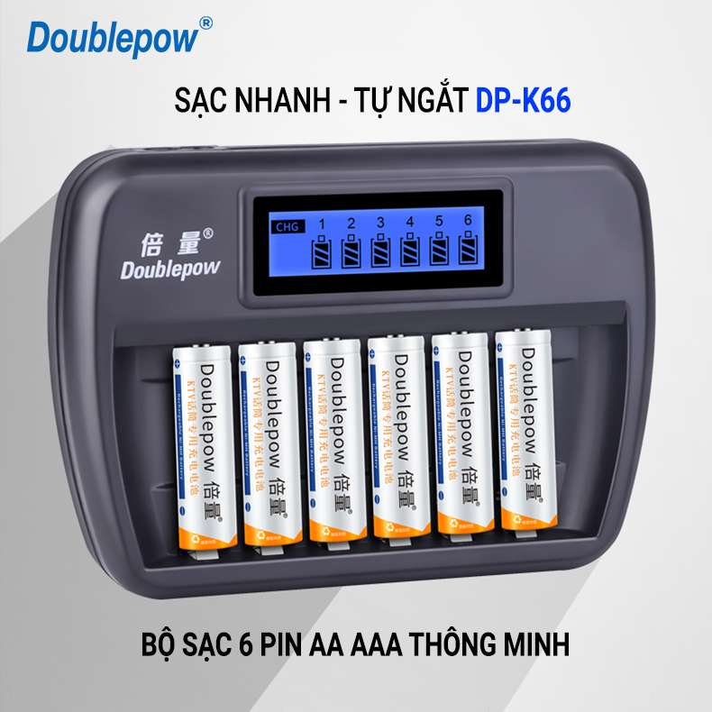 Bộ sạc 6 pin AA AAA sạc nhanh, tự ngắt DP-K66 Doublepow Cho Micro, đồ chơi, đồng hồ, remote thay thế pin 1.5V