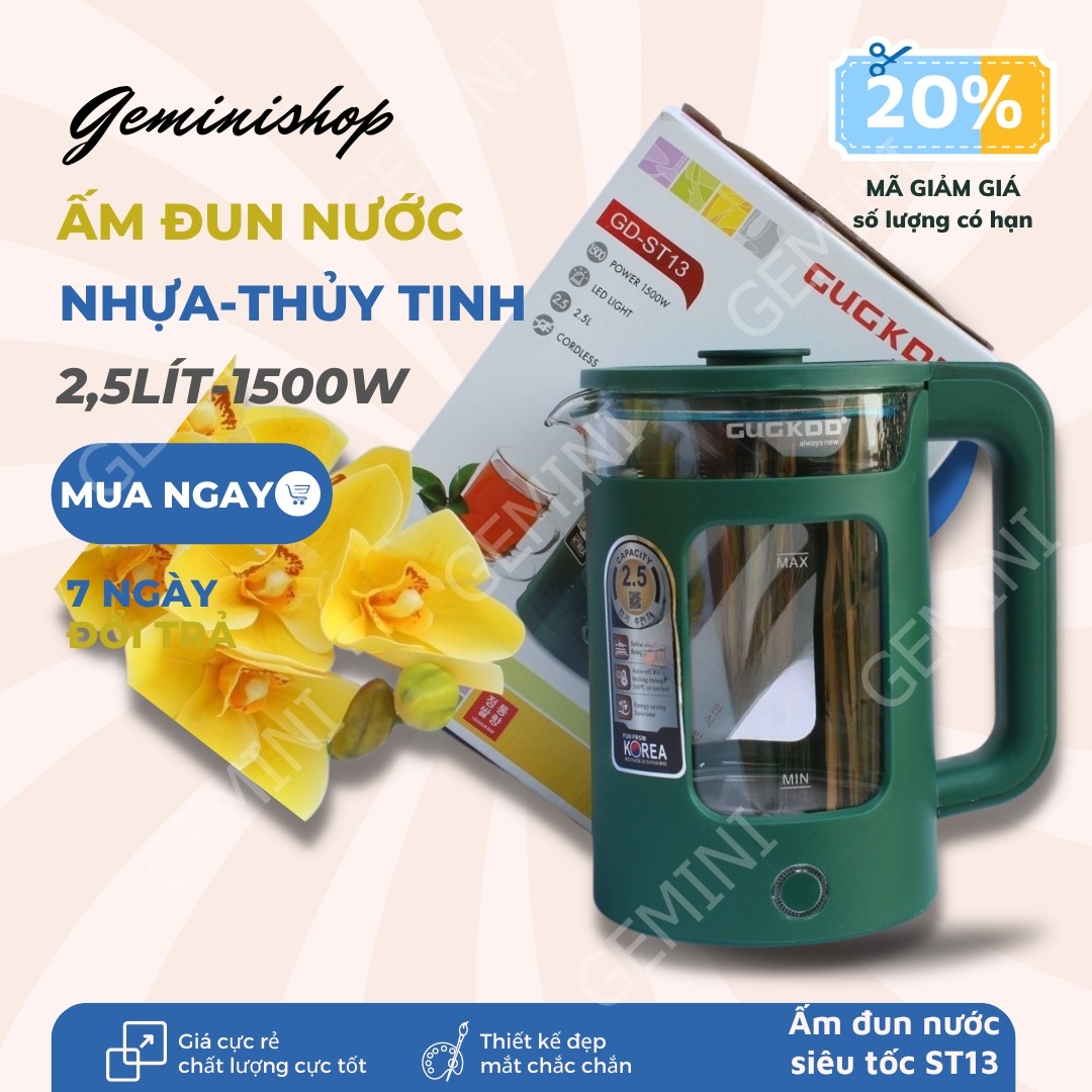 Ấm đun siêu tốc gugkdd gd-st13 2.5 lít bình đun siêu tốc chất liệu thủy tinh bọc nhựa công suất 1500w