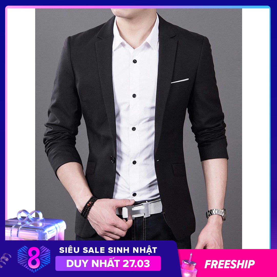 Áo Khoác Vest Nam Form Ôm Body May 2 Lớp Mềm Mịn TẶNG CÀ VẠT ĐEN và hộp đựng carton làm quà (miếng vải trắng túi áo tùy chỉnh)