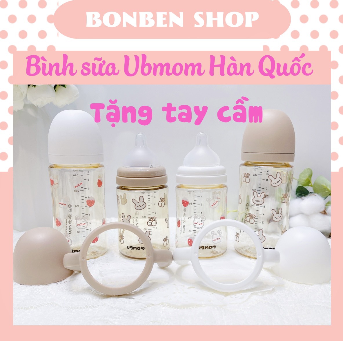 [QT bộ ống hút quả tạ] Bình sữa Ubmom Hàn Quốc chính hãng phiên bản thỏ nâu thỏ trắng 2023 dung tích