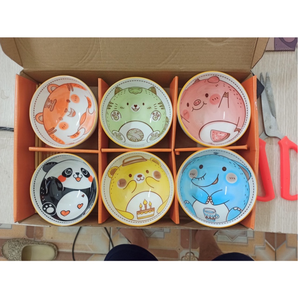 Bộ 6 bát kèm đũa 😍 bohemia - bát chén ăn cơm gia đình gốm sứ decor hình thú dễ thương 300ml, bộ đồ bàn ăn