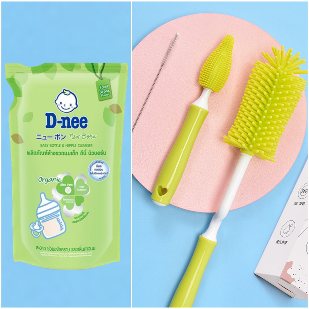 Combo rửa bình 3: 1 túi rửa bình dnee 550ml 1 bộ cọ bình silicon 3 chi tiết