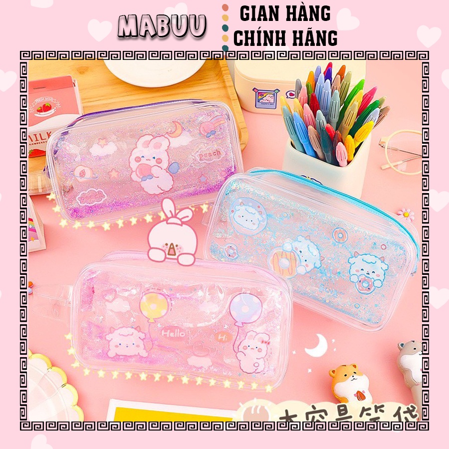 Túi Bút Trong Suốt Hoạ Tiết Hạt Cát, Kim Tuyến Lấp Lánh Chuyển Động 19.5 x 9.5cm - Giao Ngẫu Nhiên