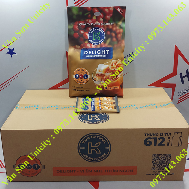 Thùng Cà phê sữa K Delight Phúc Sinh 12 bịch 612g (36 gói dài x 17g)