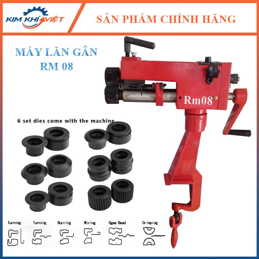 Máy lăn gân quay tay RM08, kèm theo 06 bộ con lăn, độ dầy dưới 0.8mm. Sử dụng máy lăn gân quay tay RM 08 trong bọc bảo ôn, làm rãnh vuông hoặc tròn theo các bộ con lăn khác nhau