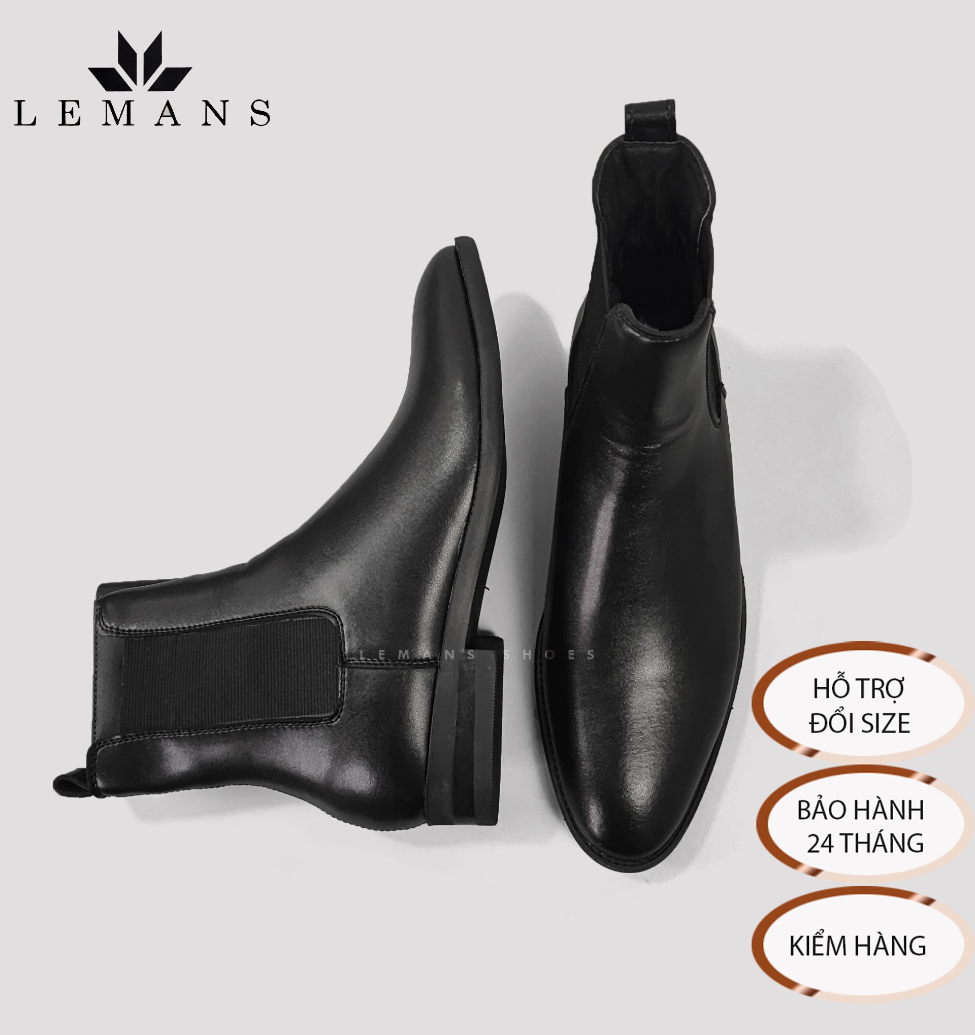 Giày da bò Chelsea Boots Classic Black CB02 LEMANS, do bò nguyên tấm, bảo hành chính hãng 24 tháng