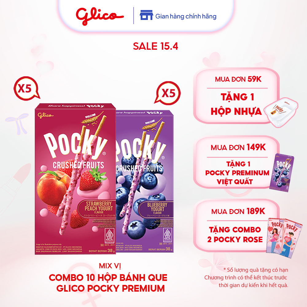Combo 10 hộp bánh que Pocky Premium Trái Cây Nghiền Vị Sữa Chua ( 5 Việt Quất + 5 Dâu Đào )