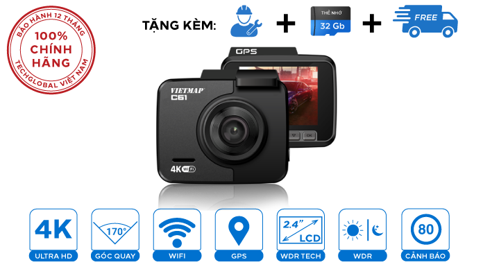 Camera hành trình Vietmap C61 pro ( 2022)ghi hình 4k cảnh báo biển giao thông  ver2.0