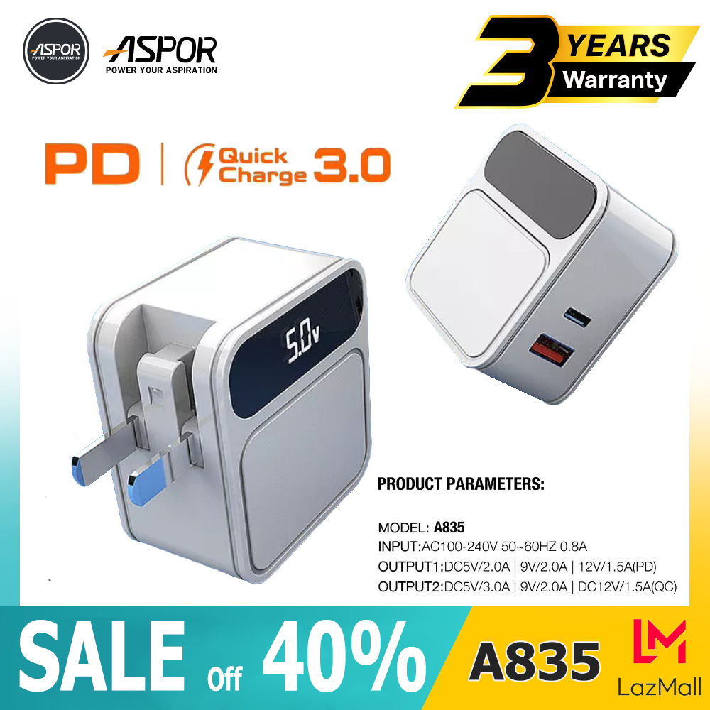 ASPOR A835 - Củ sạc nhanh 30W PD cho IP 12 Pro Max/12 Pro/12  -  Bộ sạc nhanh cho điện thoại Output Type-C - Cục sạc nhanh màn Led hiển thị thông số - Củ sạc 2 output cổng ra