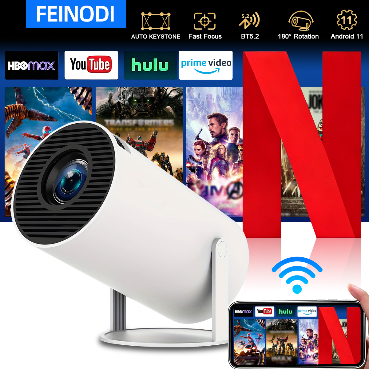 1080P White Projector with Auto-Locking Point Adjustment Feature, Compatible with Multiple Devices, 180-Degree Rotation ° , Remote Control, Android, Netflix, Hulu, Hbo Max, Prime Video, Google Play, Youtube.