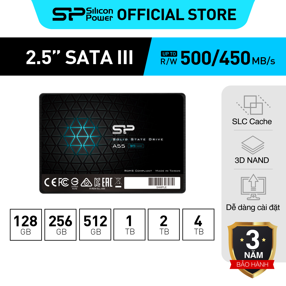 Ổ cứng ssd silicon power 128gb/256gb/512gb/1tb/2tb sata 3 2.5" a55 bảo hành 36 tháng