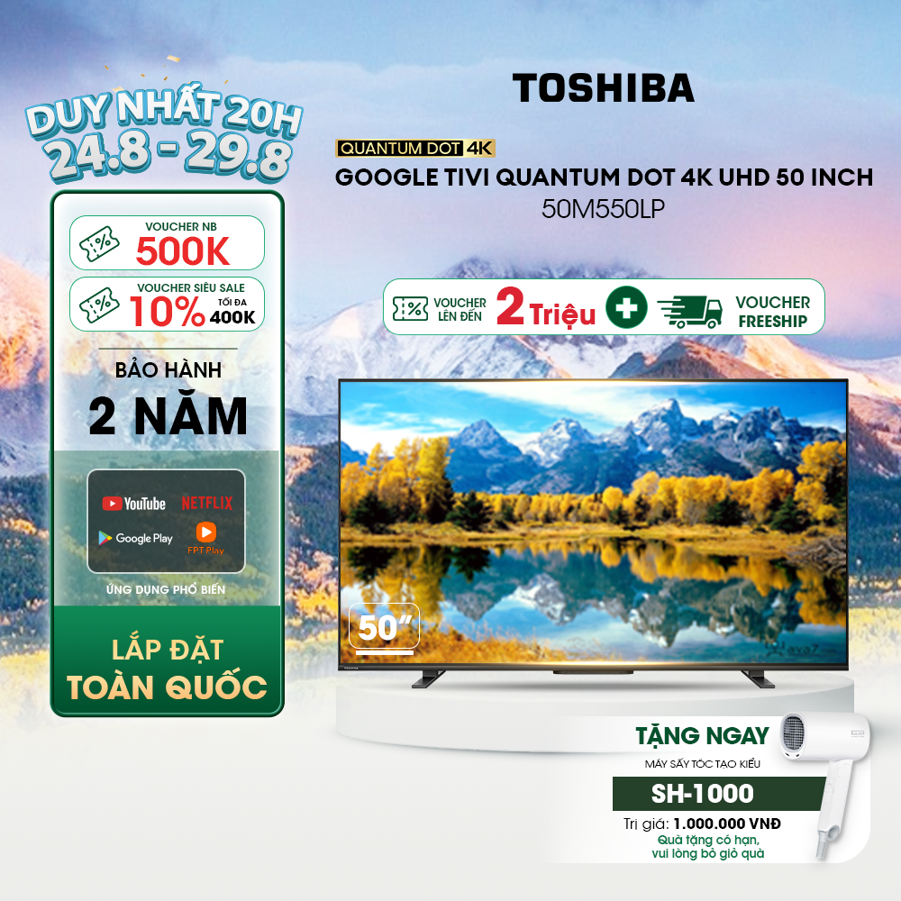 Google tivi qled toshiba 50 inch 50m550lp, smart tv màn hình quantum dot 4k uhd - loa 49w - miễn phí lắp đặt