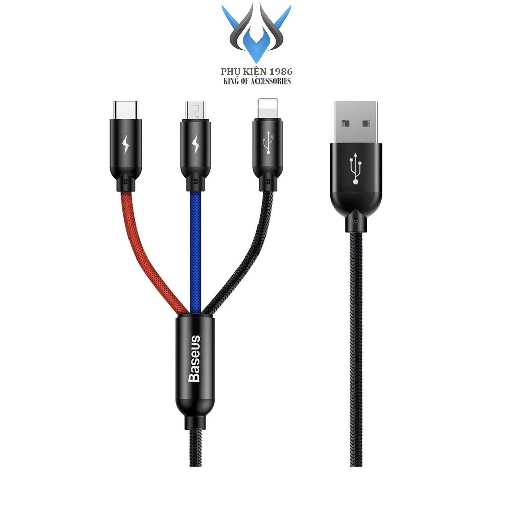 Cáp sạc 3 đầu Baseus Three Primary Colors CAMLT-ASY01 dài 120cm Lightning/ MicroUSB/ Type-C bọc dù - Hãng phân phối chính thức - Nhất Tín Computer