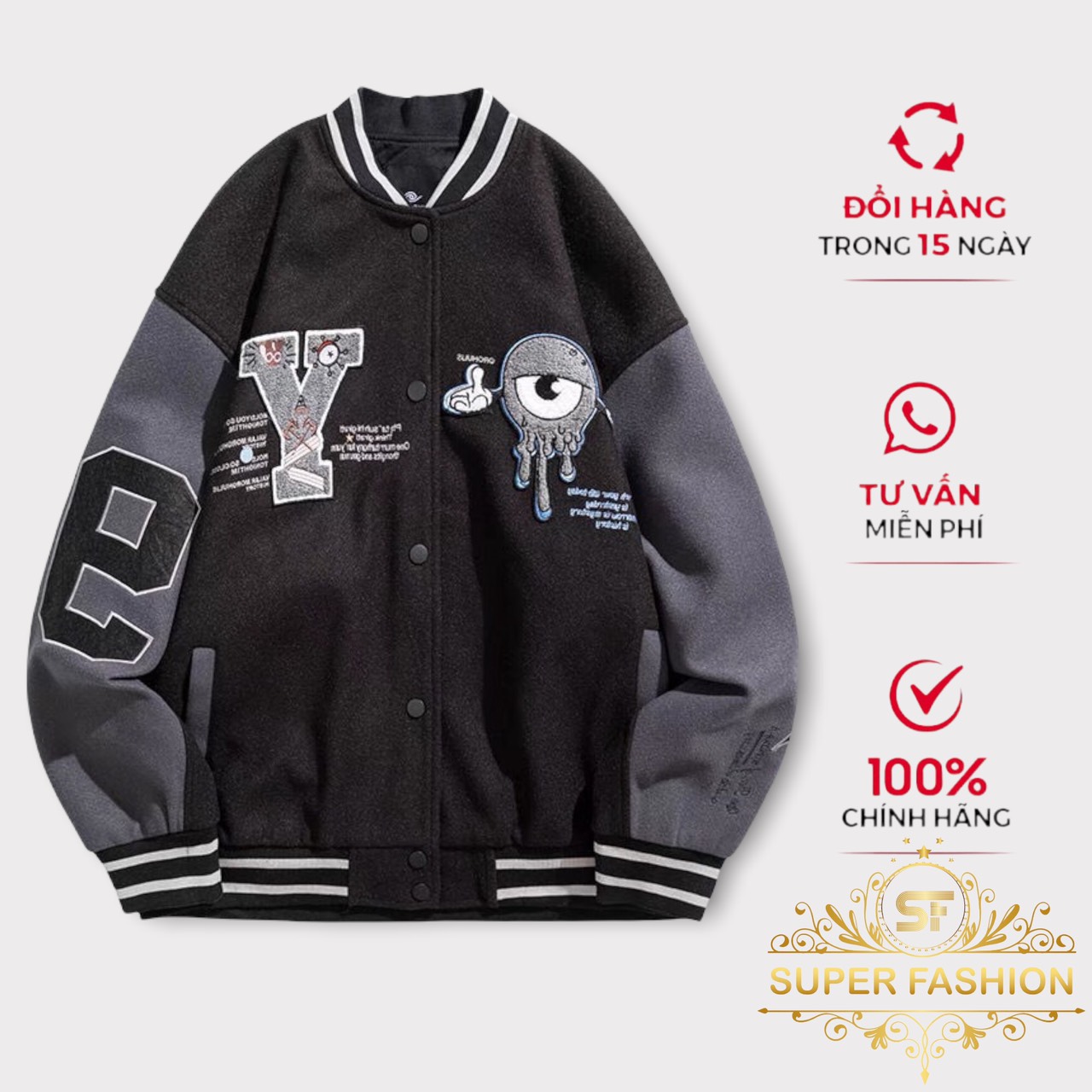 Áo Khoác Hoodie, Áo Khoác Bomber Nam Nữ Thêu Hoạ Tiết Hình Mắt Dễ Thương Mẫu Hot Trend Super Fashion