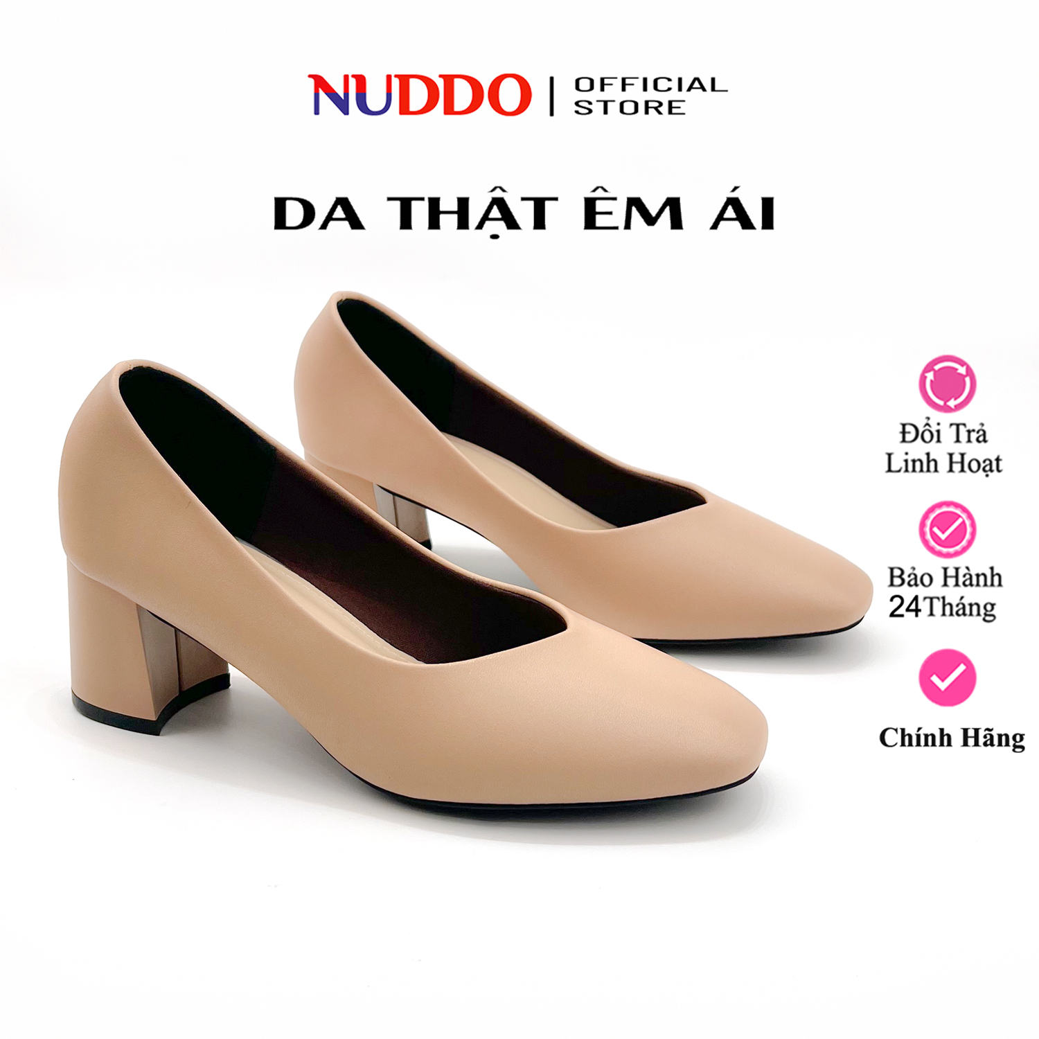 Giày cao gót nữ mũi vuông da thật cao cấp, guốc công sở nữ gót vuông 5cm da mềm nuddo _ n601