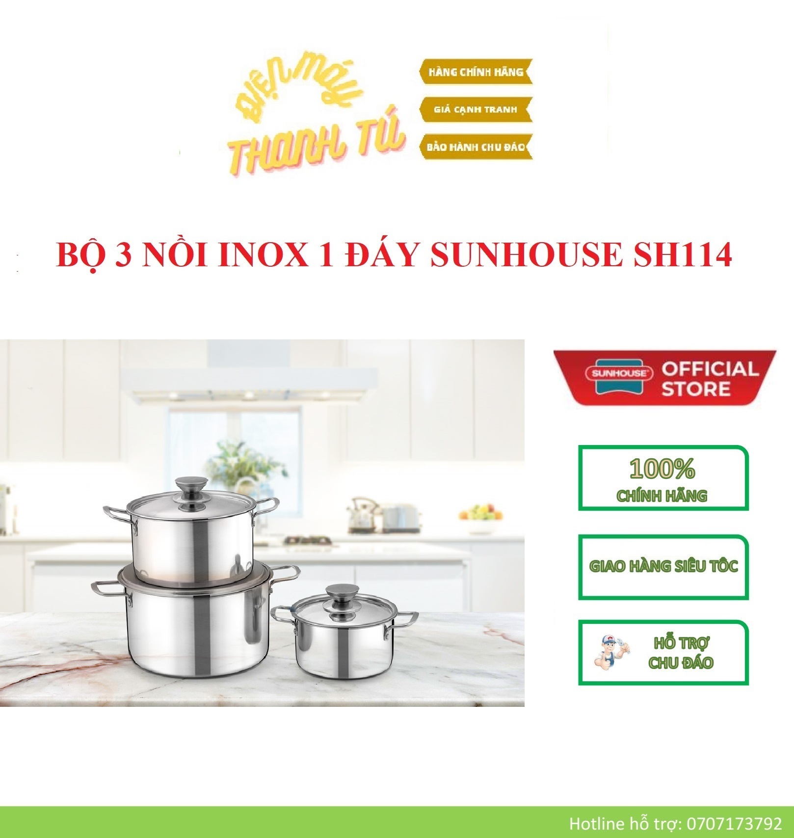 Sh114 - bộ 3 nồi inox 1 đáy sunhouse - hàng chính hãng