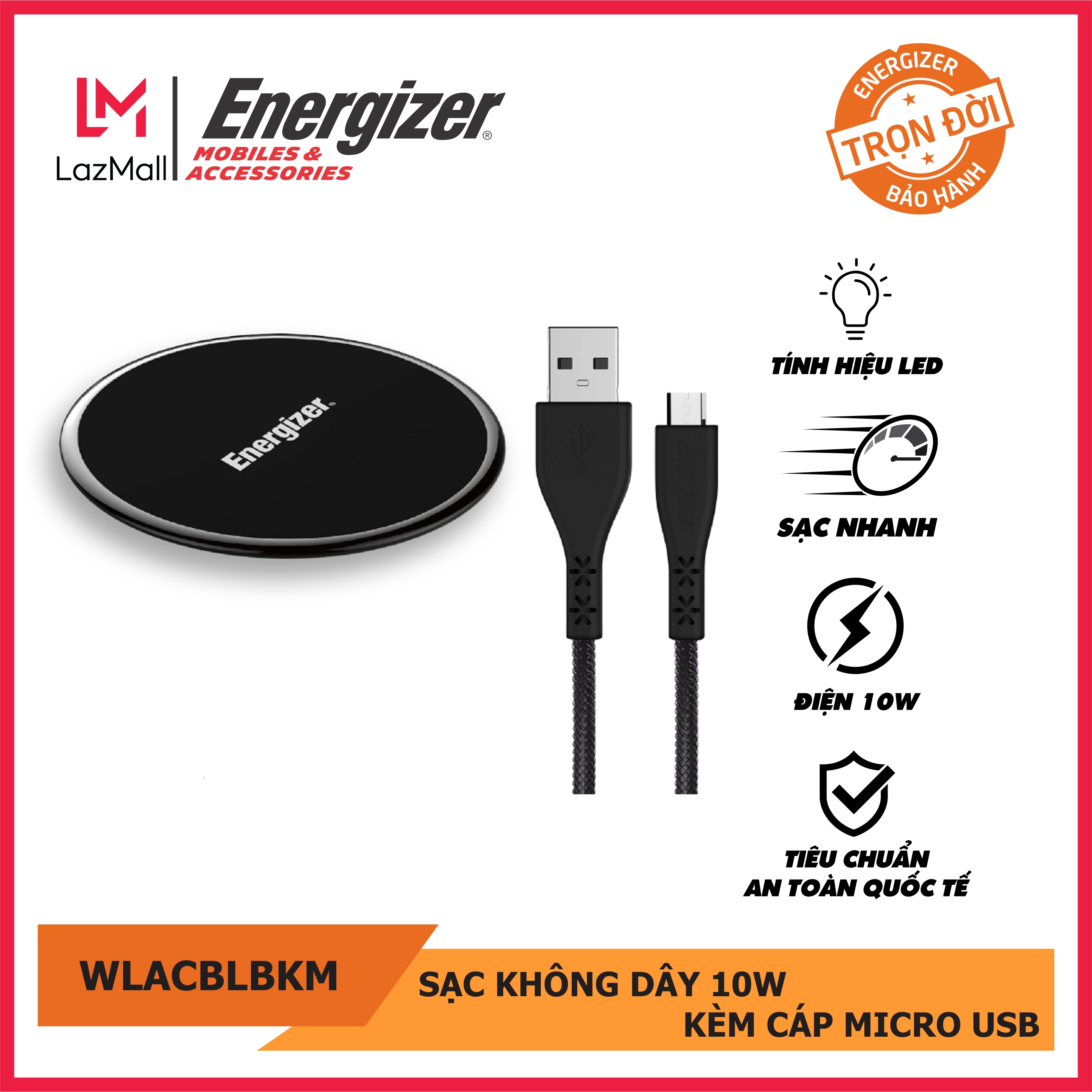 Đế sạc không dây Energizer 10W, kèm cáp sạc micro USB màu đen - WLACBLBKM. Bảo hành trọn đời. Hàng chính hãng